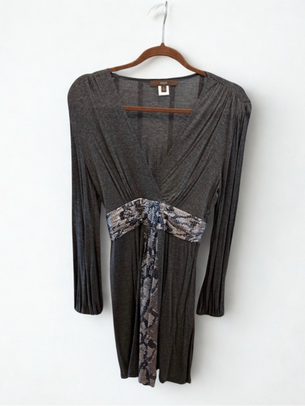 Single Charcoal Dress with Silk Snake Print Detail, Size Small